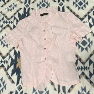 Versace Baby Pink Ruffled Button-Up Blouse Embroidered Bow Detail Designer Chic